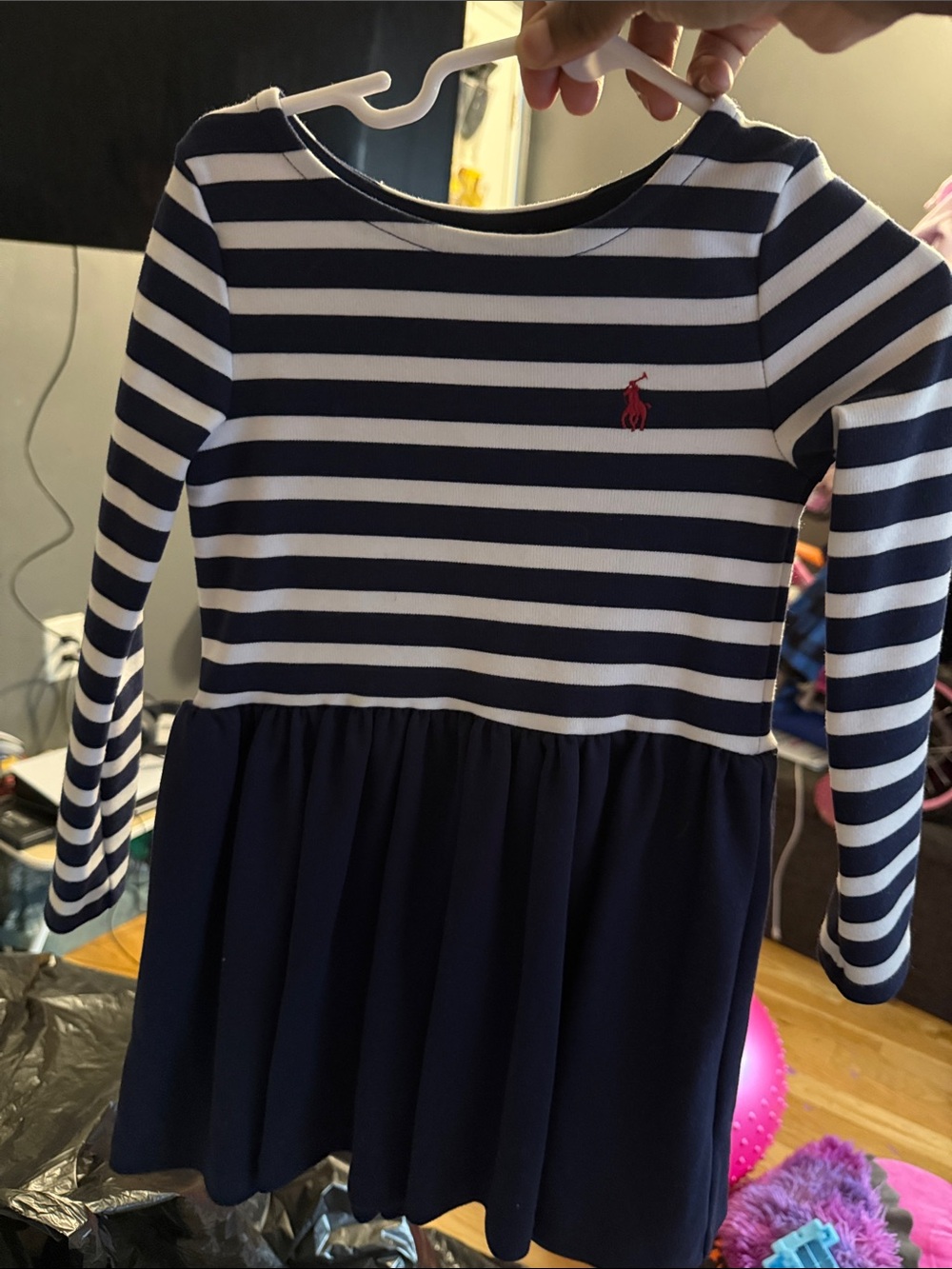 Ralph Lauren Navy & White Striped Long-Sleeve Dress with Pink Logo